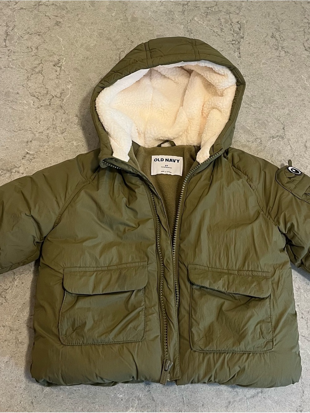 Old Navy Kids Olive Hooded Puffer Jacket with Cream Sherpa Lining